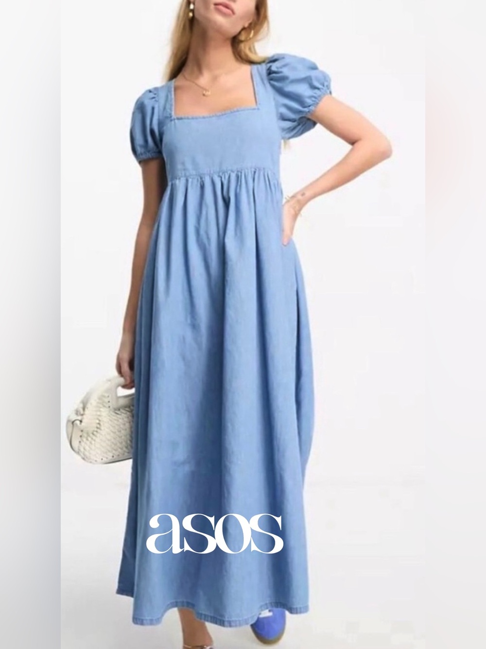 ASOS DESIGN Petite soft denim midi dress with puff sleeve in lightwash blue